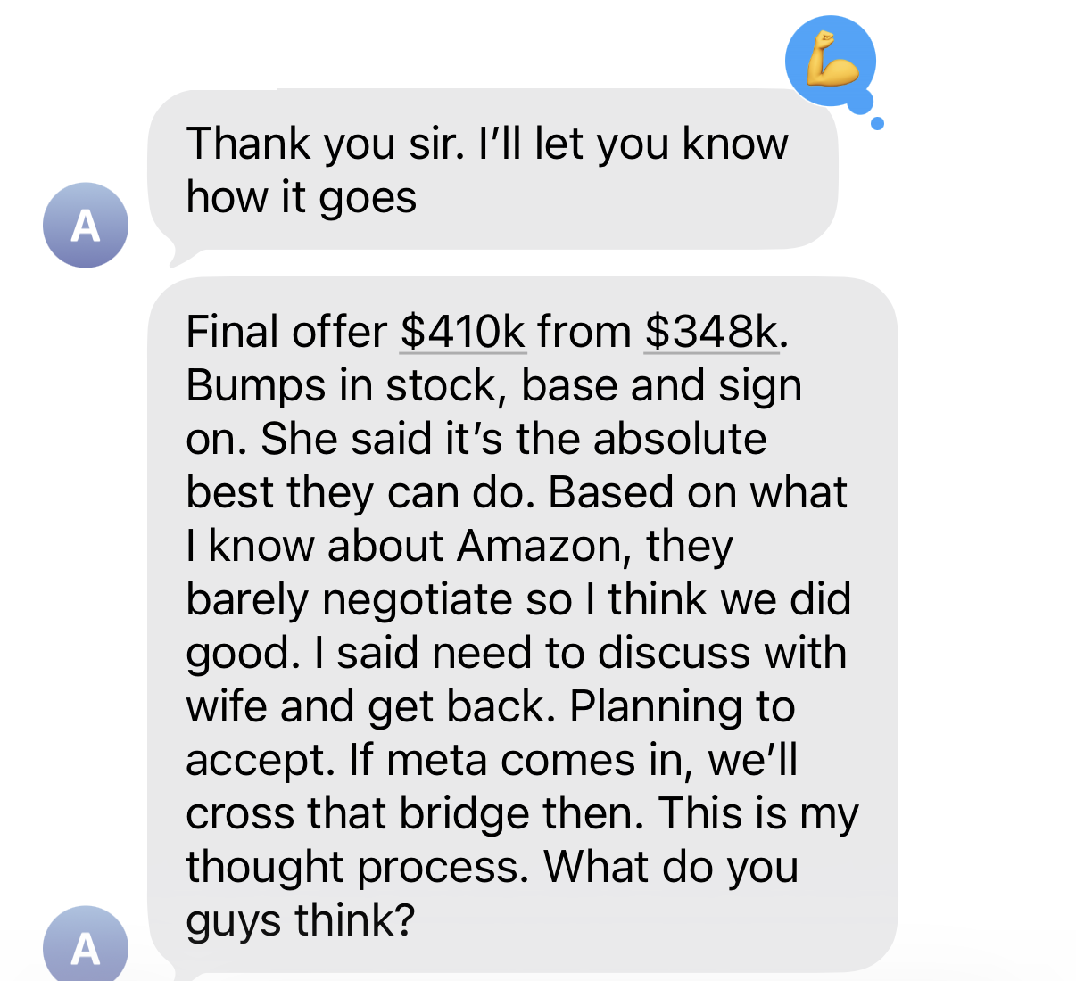 Real client text: final Amazon L5 offer of $410K, up from a first offer of $348K, with bumps in stock, base and sign-on