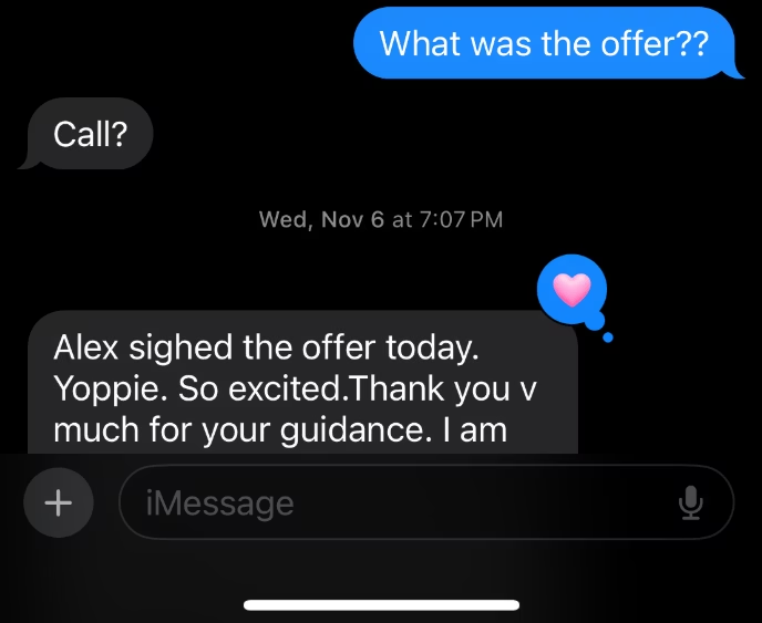 Text thread: client signed the Intuit offer, so excited, thank you for your guidance