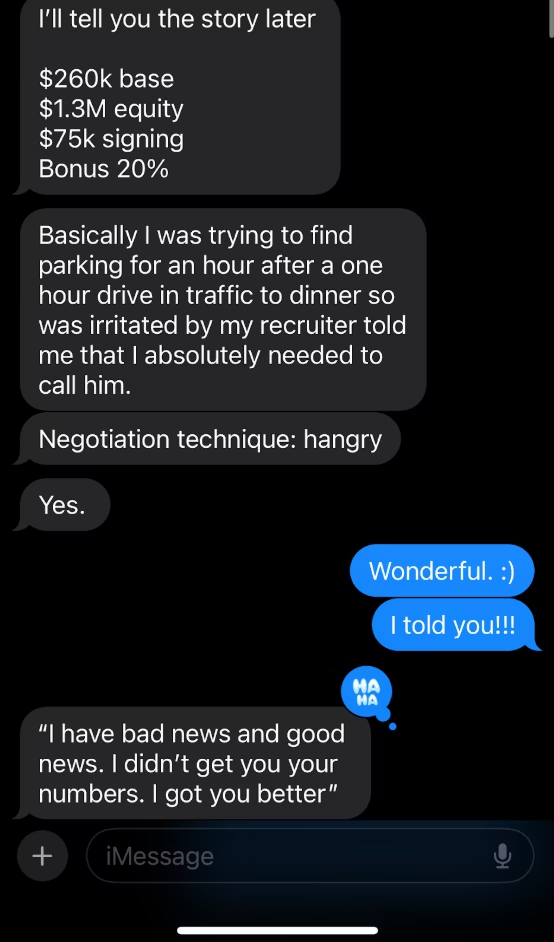 Real client text thread from a Meta L6 negotiation: 260K base, 1.3M equity, 75K signing. Recruiter said: I did not get you your numbers, I got you better. Signed at 700K plus total compensation