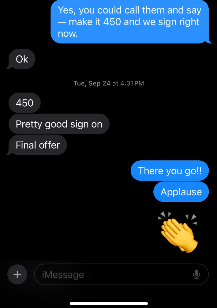 Text thread: Meta L5 negotiation — make it 450 and we sign right now, final offer landed