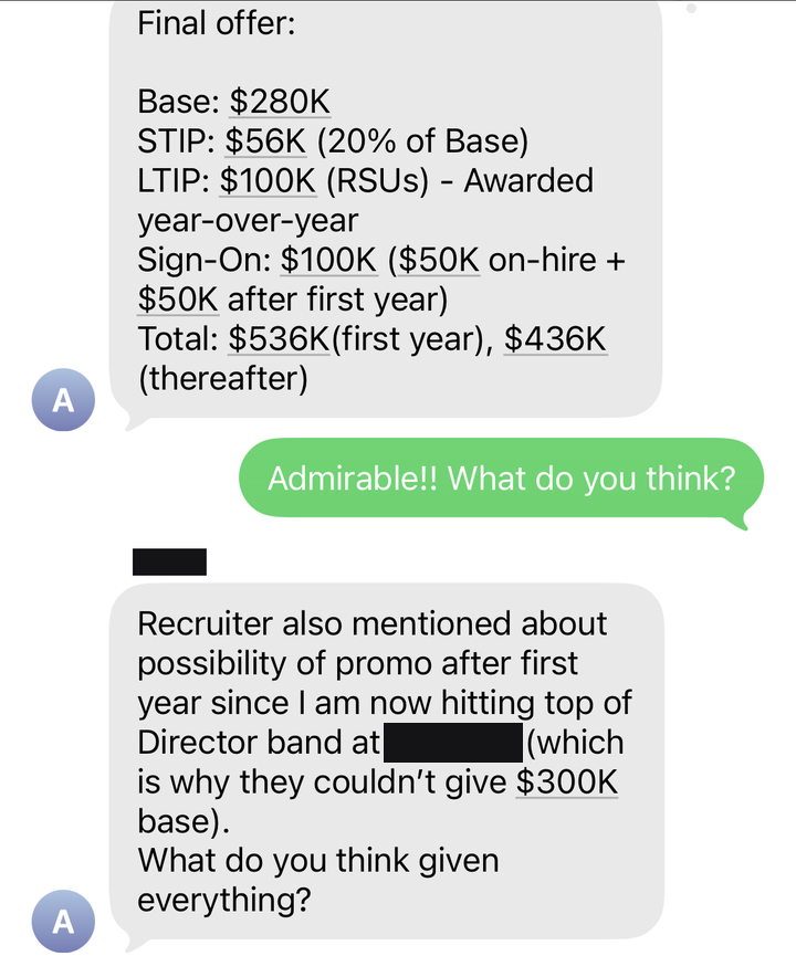 Text thread: final offer breakdown totaling $536K first year, base, STIP, LTIP, and sign-on