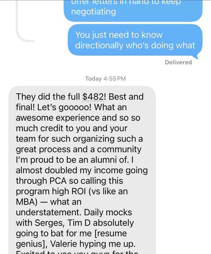 Text thread: client says they did the full $482K, best and final, calling the program higher ROI than an MBA