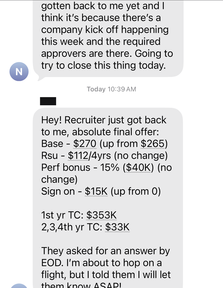 Text thread: final offer at $353K first-year total comp, base, RSU, bonus, and sign-on
