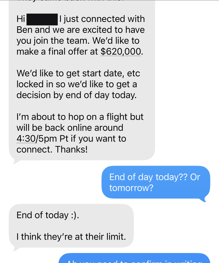 Text thread: recruiter confirms a final offer of $620,000