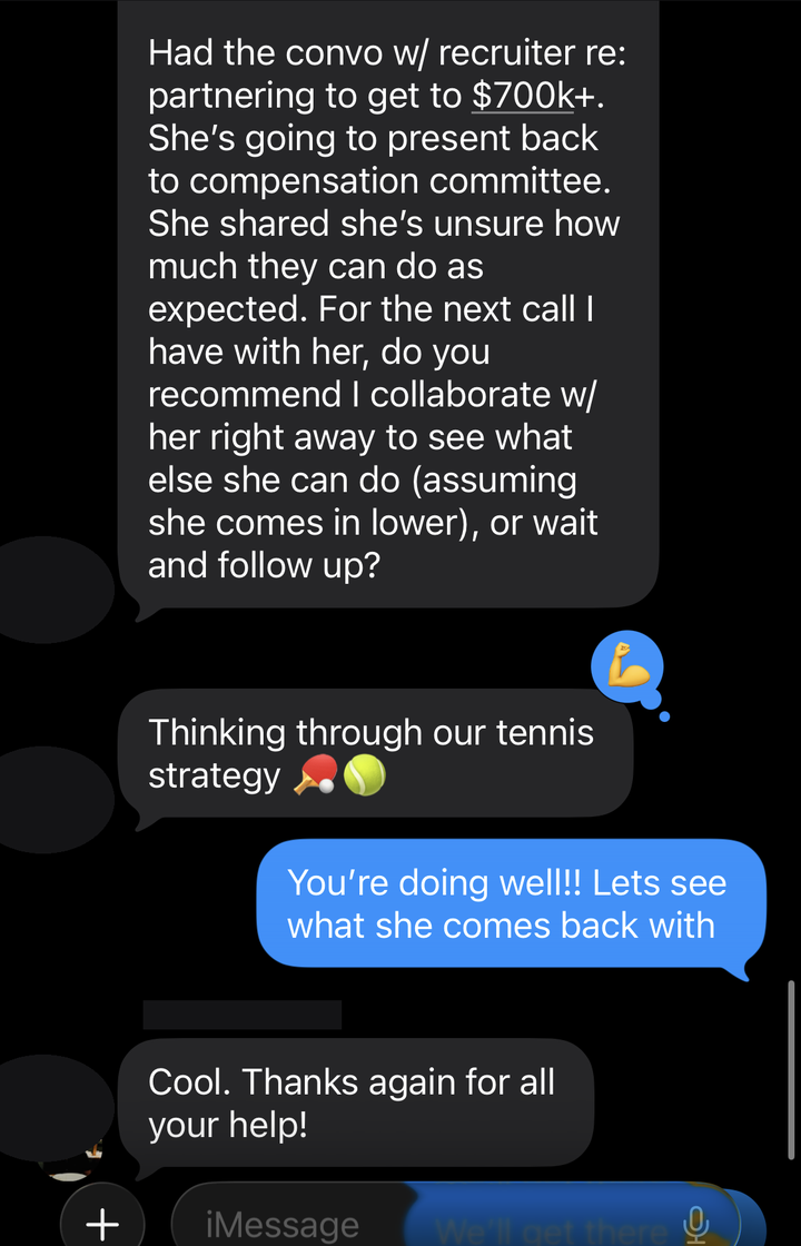 Text thread: partnering with recruiter to push a pending offer past $700K