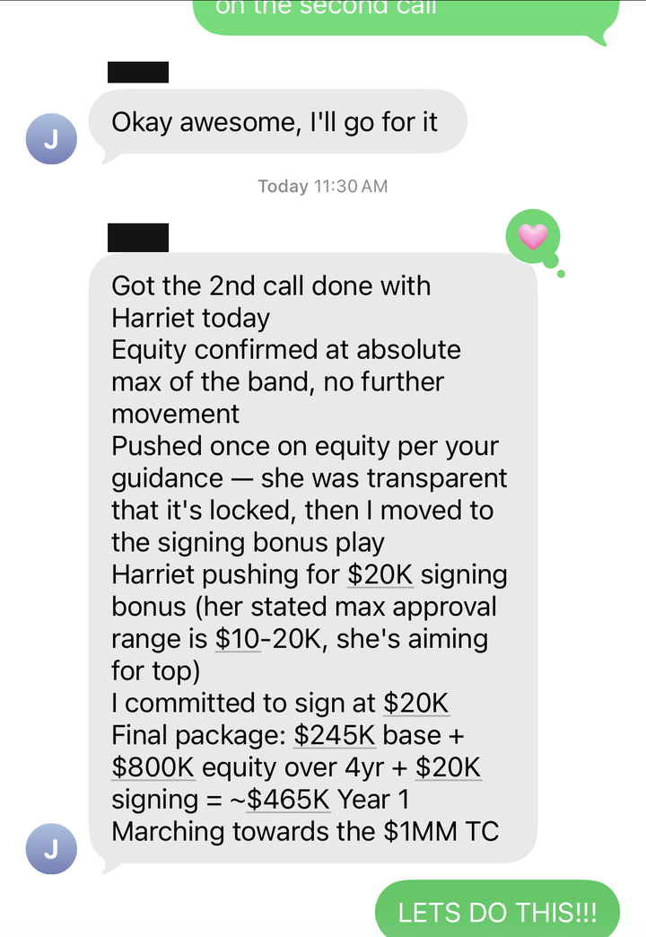 Text thread: final package worth $465K in year one, marching towards $1MM total comp