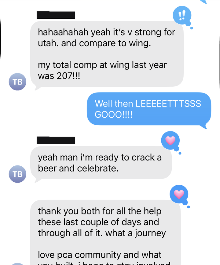 Text thread: client says the offer is the strongest compensation package ever seen in Utah, grateful for the community