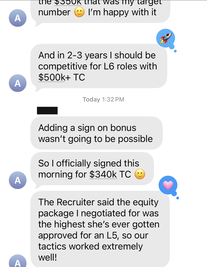 Text thread: client signs at $340K TC, recruiter says it's the highest equity ever approved for an L5