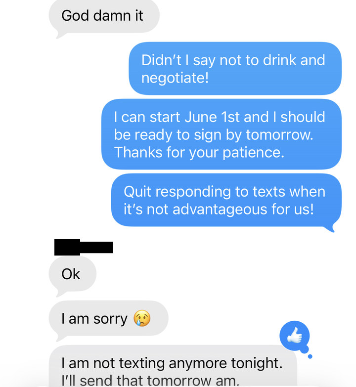 Text thread: Alex coaches a client to stop responding to recruiter texts when the timing isn't advantageous, and scripts the reply
