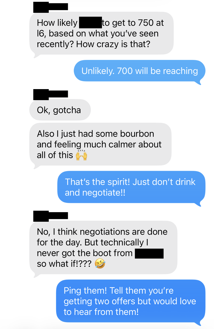 Text thread: client asks how likely a $750K L6 package is, Alex gives a straight read, then jokes not to drink and negotiate