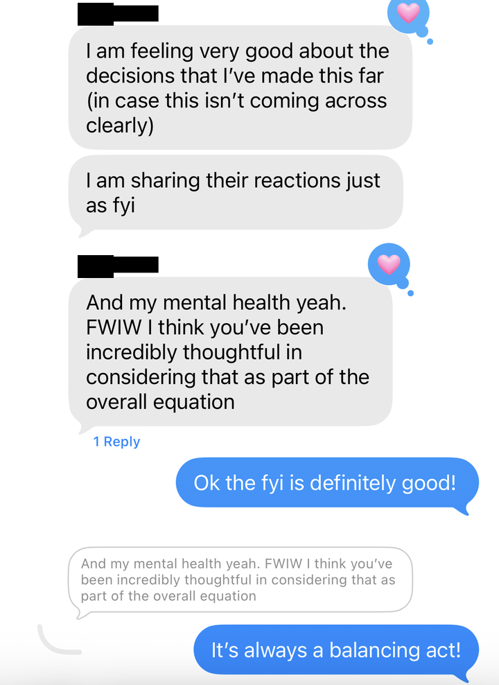 Text thread: client says they feel very good about their decisions and that Alex was incredibly thoughtful about mental health as part of the equation