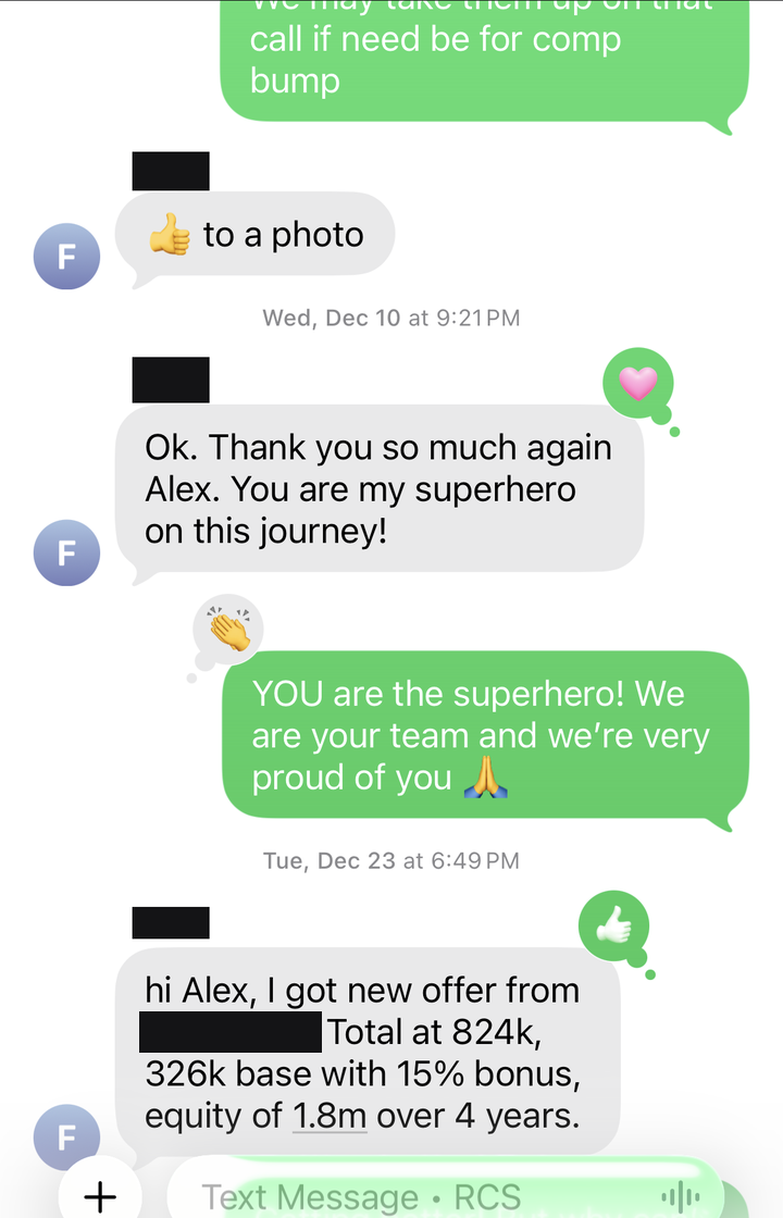 Text thread: client thanks Alex after a late-stage tech offer at $800K+ total comp, calling him their superhero on this journey