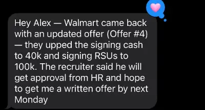 Text thread: Walmart updated offer #4 upped signing cash to 40k and signing RSUs to 100k