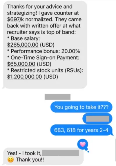 Text thread: Meta counter-offer at 265K base, 20% bonus, 65K sign-on, 1.2M RSUs — client says yes, I took it