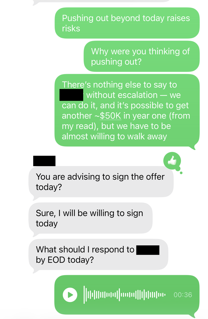Text thread: Alex advises a client there is roughly another $50K available in year one but only with willingness to walk away, and the client decides to sign that day